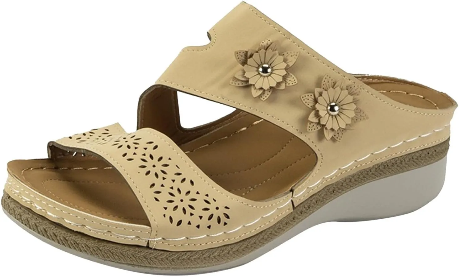 Orthopedic Sandals for Women with Arch Support, Flower Decoration Hollow Out Beach Walking Shoes Slip On Orthotic Sandals Casual Summer Flip Flops Breathable Lightweight Vacation Slippers