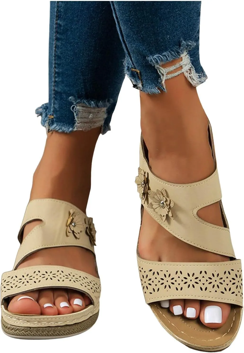 Orthopedic Sandals for Women with Arch Support, Flower Decoration Hollow Out Beach Walking Shoes Slip On Orthotic Sandals Casual Summer Flip Flops Breathable Lightweight Vacation Slippers