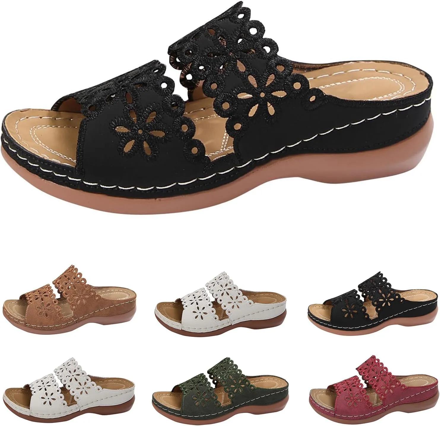 Orthopedic Wedge Sandals for Women Floral Hollow Out Slides Summer Casual Non-Slip Arch Support Sandals Platform Beach Walking Shoes
