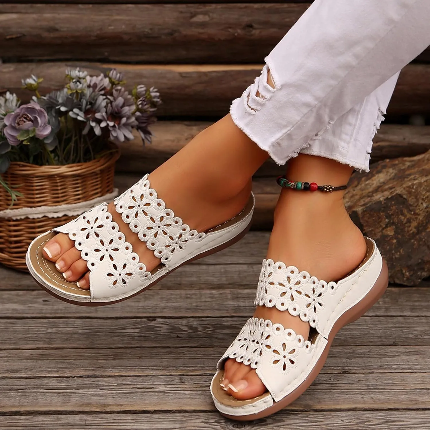 Orthopedic Wedge Sandals for Women Floral Hollow Out Slides Summer Casual Non-Slip Arch Support Sandals Platform Beach Walking Shoes
