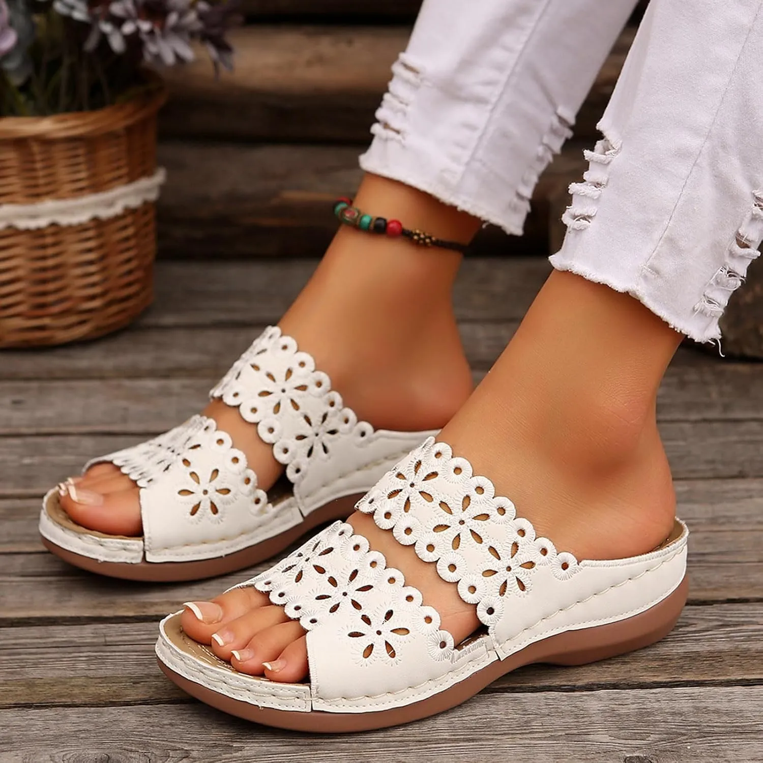 Orthopedic Wedge Sandals for Women Floral Hollow Out Slides Summer Casual Non-Slip Arch Support Sandals Platform Beach Walking Shoes