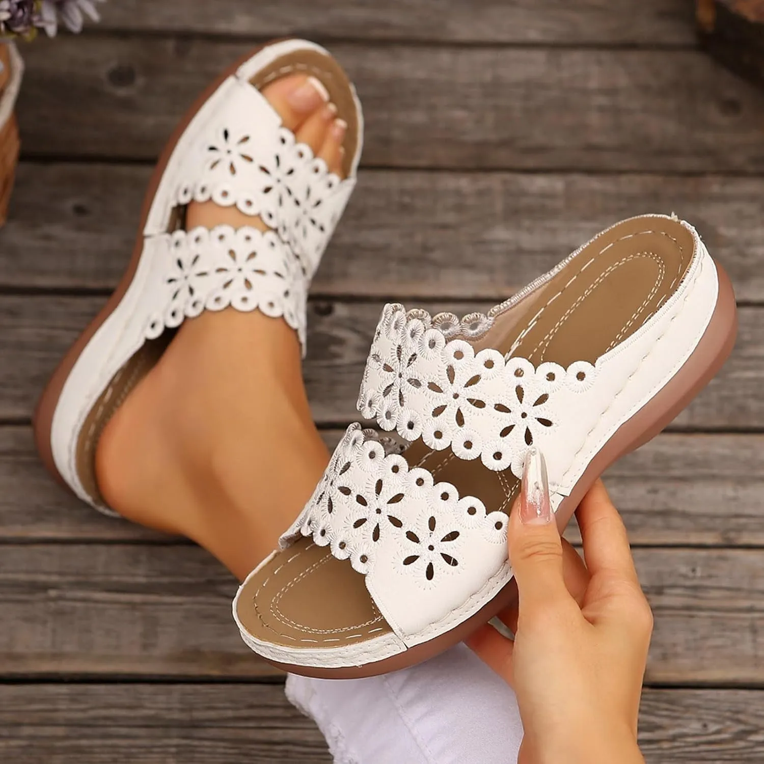 Orthopedic Wedge Sandals for Women Floral Hollow Out Slides Summer Casual Non-Slip Arch Support Sandals Platform Beach Walking Shoes