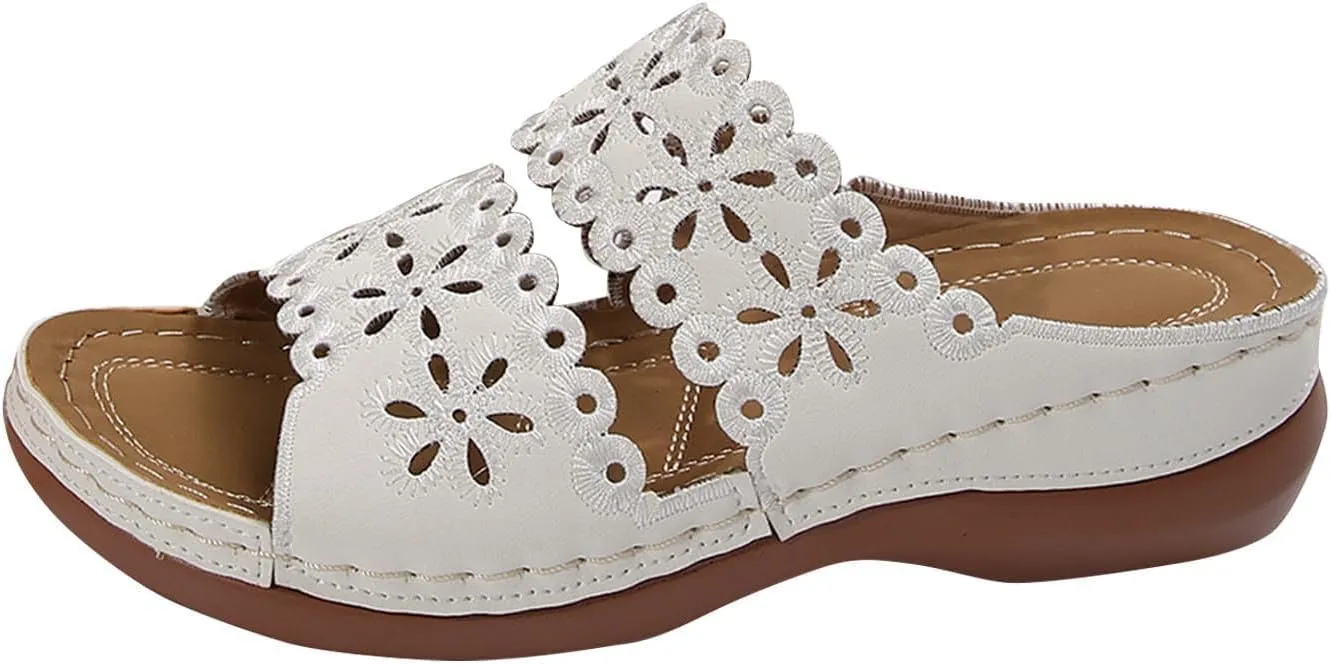 Orthopedic Wedge Sandals for Women Floral Hollow Out Slides Summer Casual Non-Slip Arch Support Sandals Platform Beach Walking Shoes