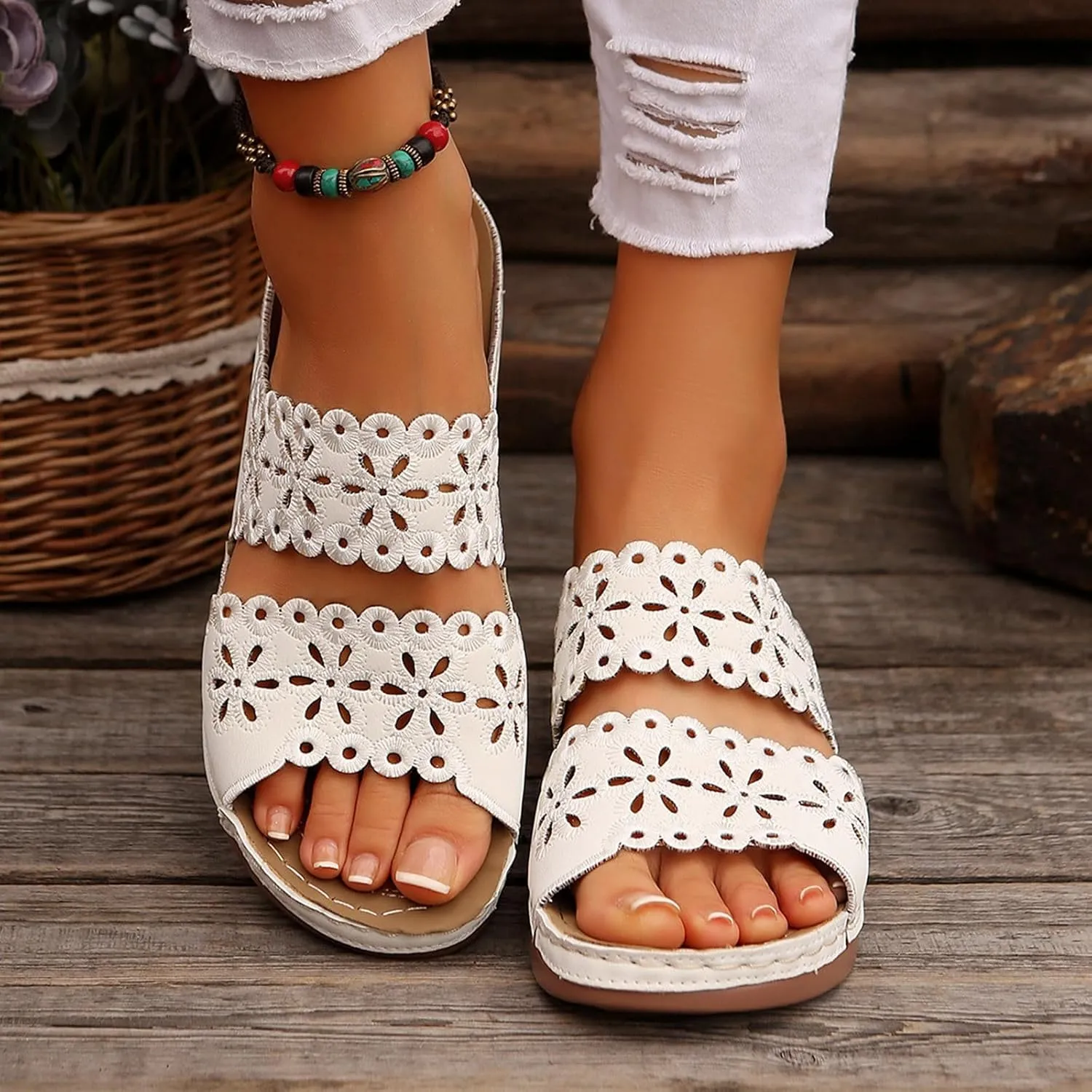 Orthopedic Wedge Sandals for Women Floral Hollow Out Slides Summer Casual Non-Slip Arch Support Sandals Platform Beach Walking Shoes