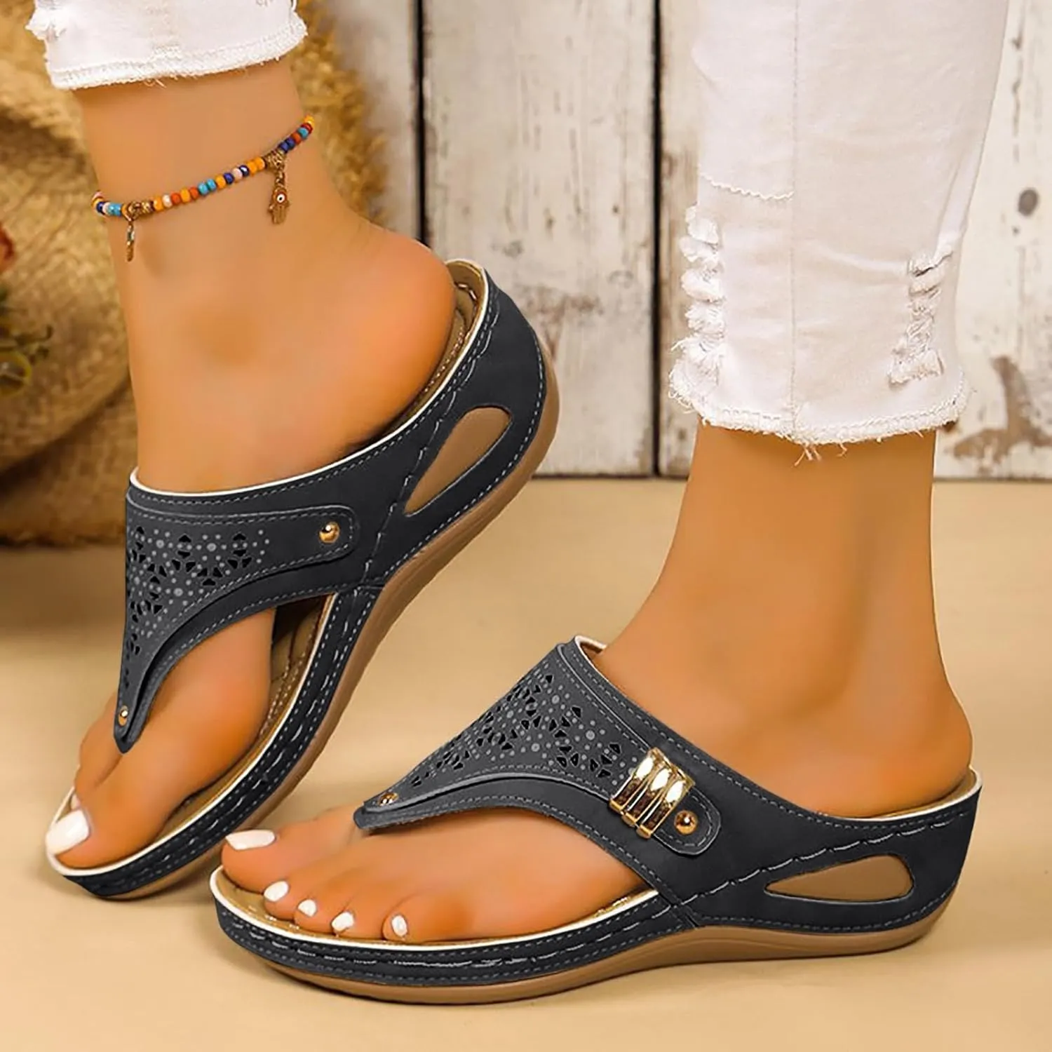 Orthopedic Wedge Sandals for Women Summer Dressy 2025 New Comfortable Arch Support Wedge Sandal Non Slip Flip Flops Shoes Casual Breathable Open Toe Mesh Hollow Sports Beach Sandals