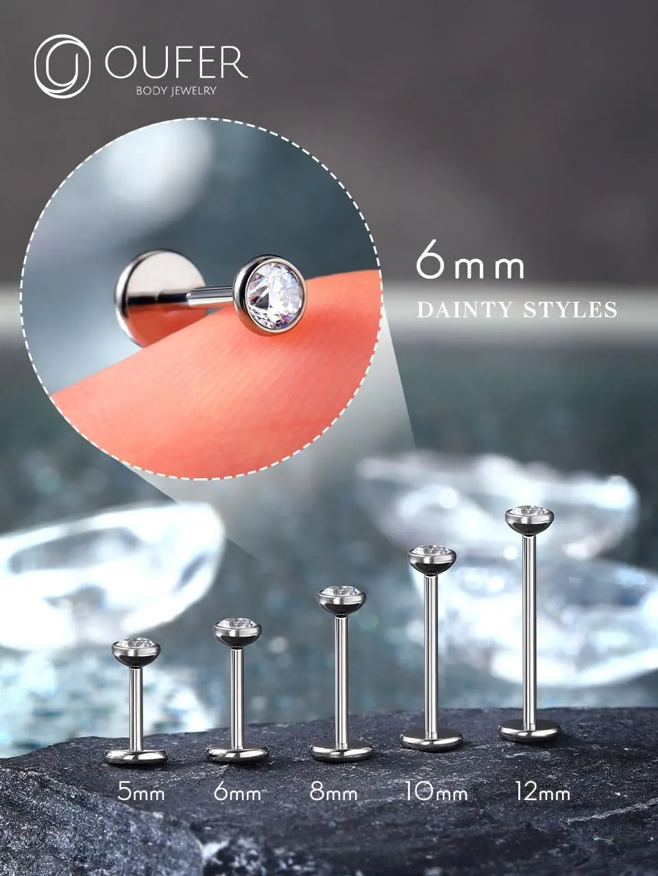 OUFER 2Pcs 20G/18G/16G G23 Titanium Threadless Nose Stud Earrings Flat Back Tiny CZ Small Nose Helix Cartilage Tragus Conch Labret Medusa Monroe Piercing Jewelry for Women Men