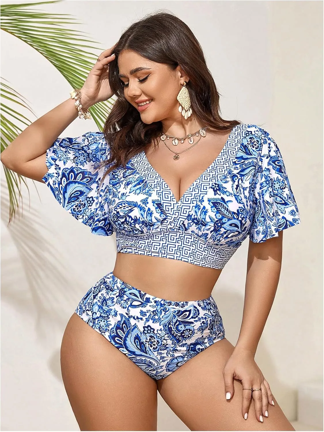 OYOANGLE Women's Plus Size 2 Piece Floral Print Bikini Set V Neck Ruffle Short Sleeve High Waisted Swimsuits