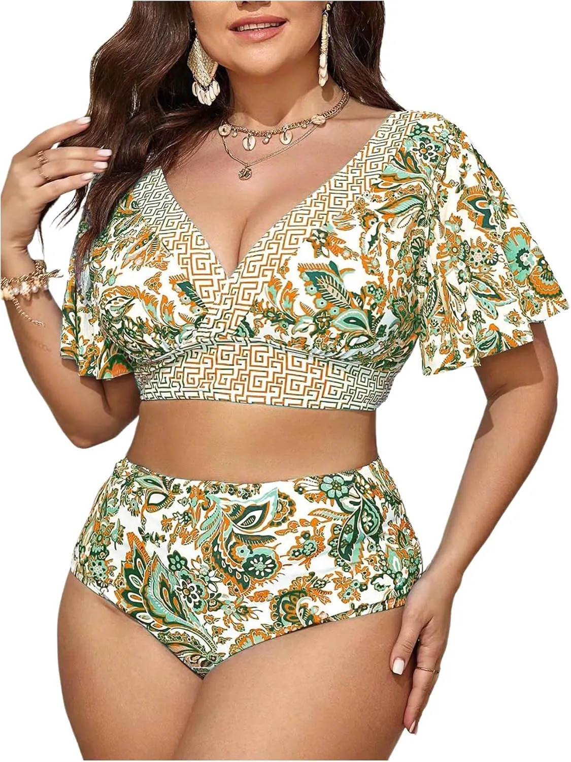 OYOANGLE Women's Plus Size 2 Piece Floral Print Bikini Set V Neck Ruffle Short Sleeve High Waisted Swimsuits