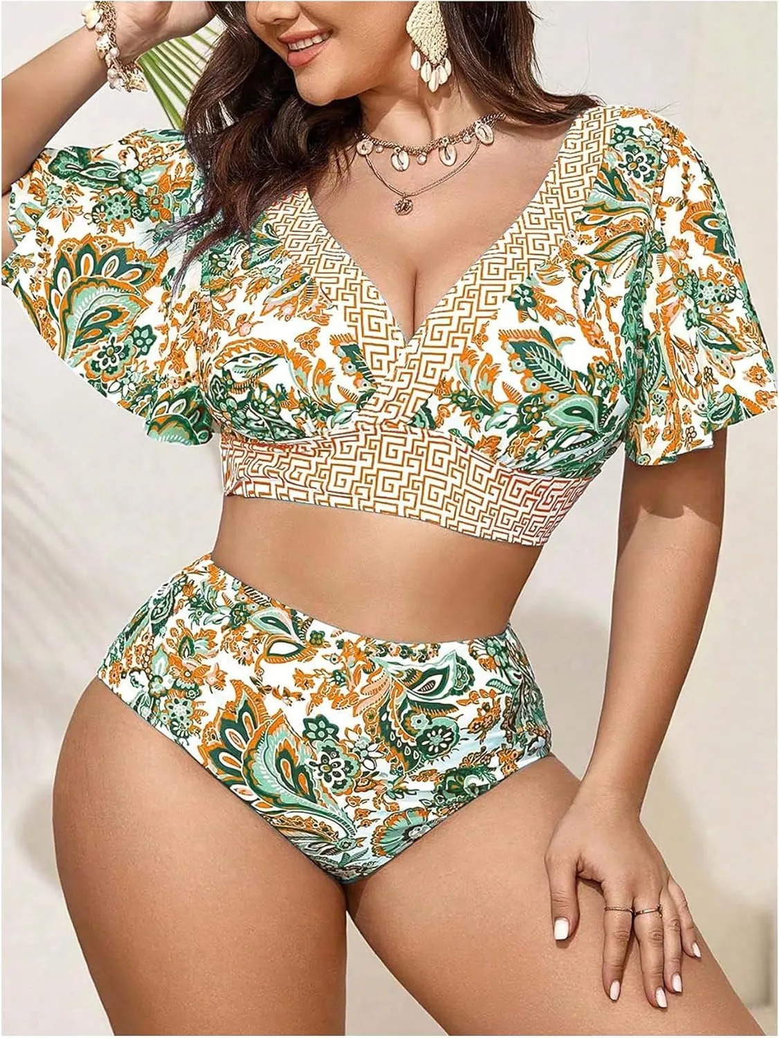 OYOANGLE Women's Plus Size 2 Piece Floral Print Bikini Set V Neck Ruffle Short Sleeve High Waisted Swimsuits