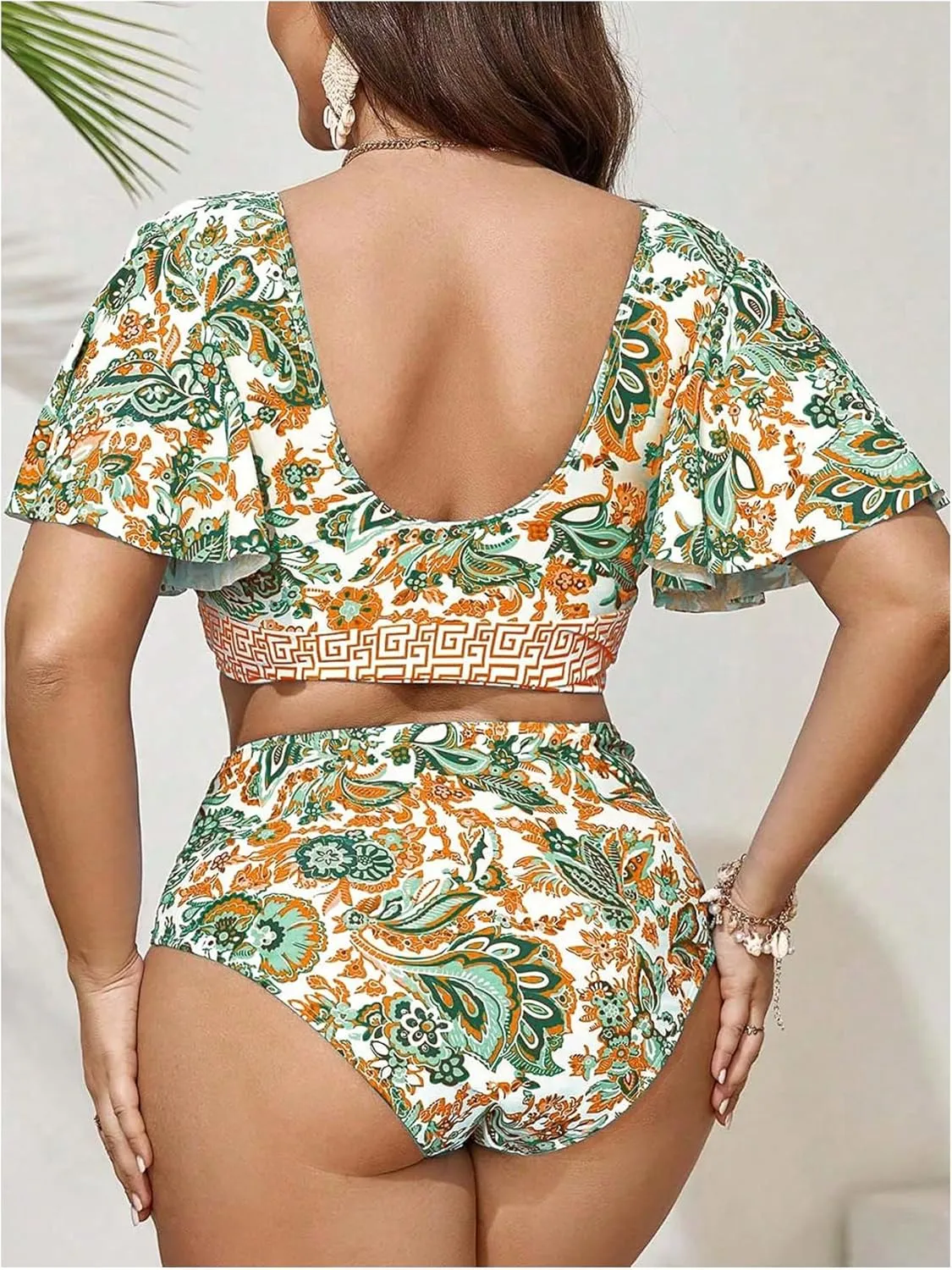 OYOANGLE Women's Plus Size 2 Piece Floral Print Bikini Set V Neck Ruffle Short Sleeve High Waisted Swimsuits