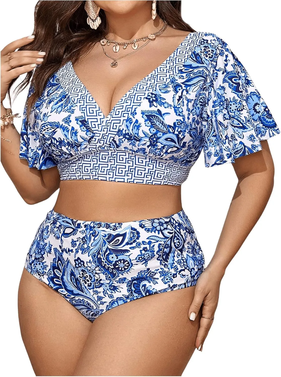OYOANGLE Women's Plus Size 2 Piece Floral Print Bikini Set V Neck Ruffle Short Sleeve High Waisted Swimsuits