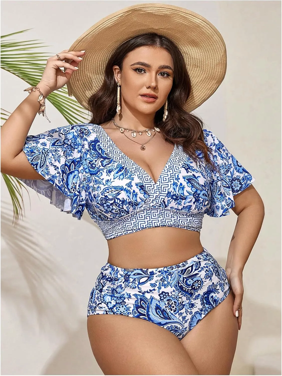 OYOANGLE Women's Plus Size 2 Piece Floral Print Bikini Set V Neck Ruffle Short Sleeve High Waisted Swimsuits