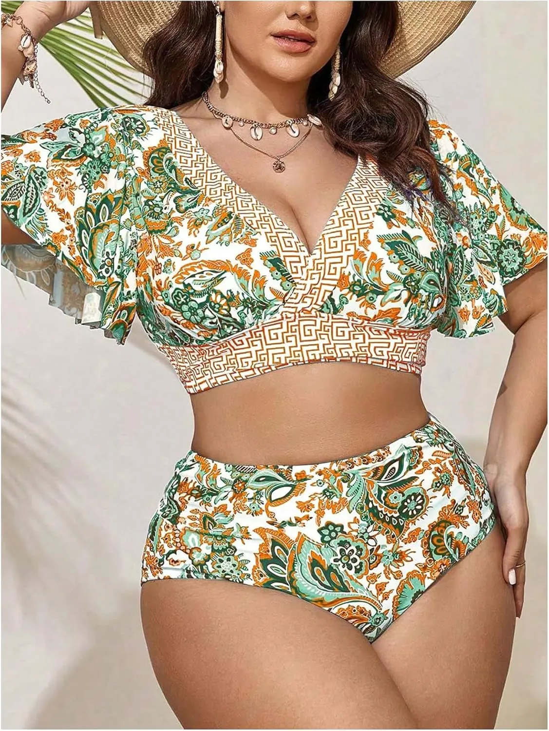 OYOANGLE Women's Plus Size 2 Piece Floral Print Bikini Set V Neck Ruffle Short Sleeve High Waisted Swimsuits