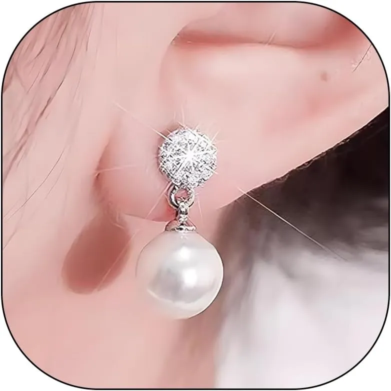 Pearl Clip On Earrings for Women Silver Rhinestones Clip On Earrings Non Pierced Earrings for Women Wedding Gifts for Brides Bridesmaid Prom Jewelry Birthday Gift for Her