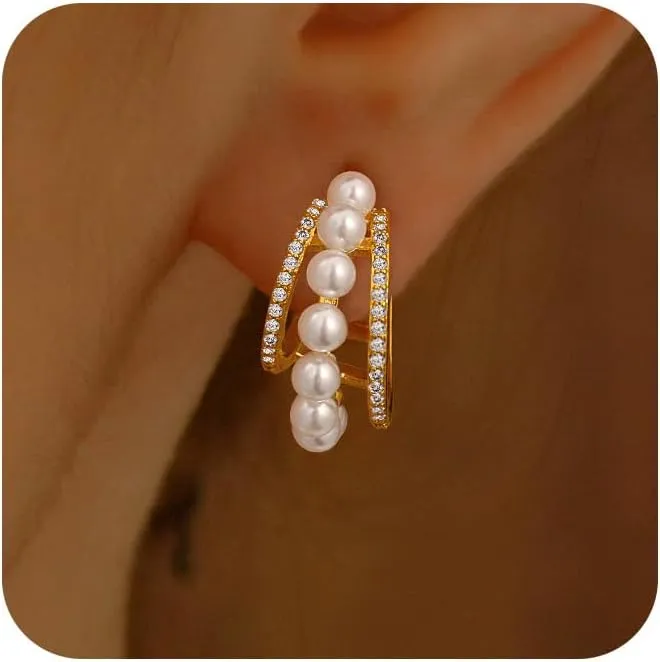Pearl Earrings for Women, Gold Hoop Earrings for Women Trendy 14K Gold Pearl Huggie Earrings Dangle Drop Studs Dainty Hypoallergenic Hoop Earrings Jewelry Gifts for Women