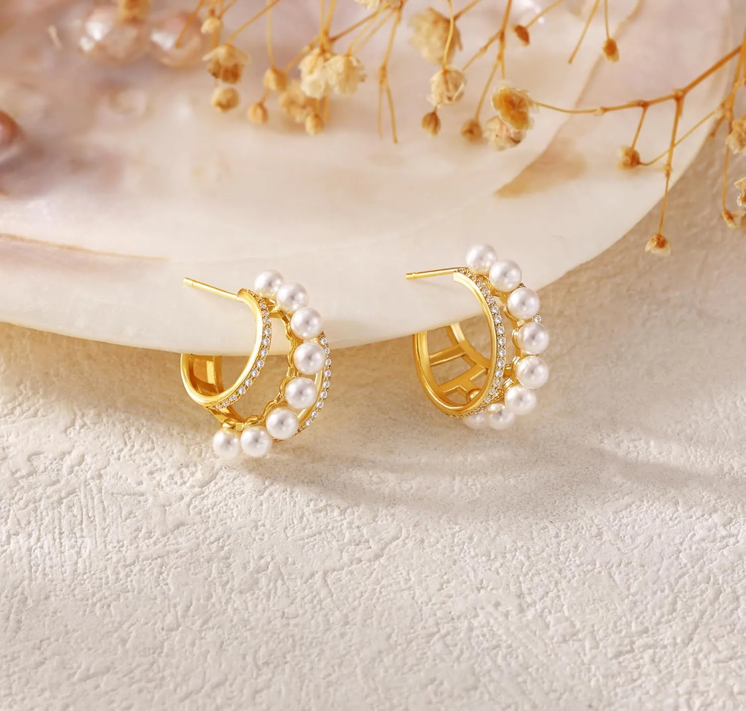 Pearl Earrings for Women, Gold Hoop Earrings for Women Trendy 14K Gold Pearl Huggie Earrings Dangle Drop Studs Dainty Hypoallergenic Hoop Earrings Jewelry Gifts for Women