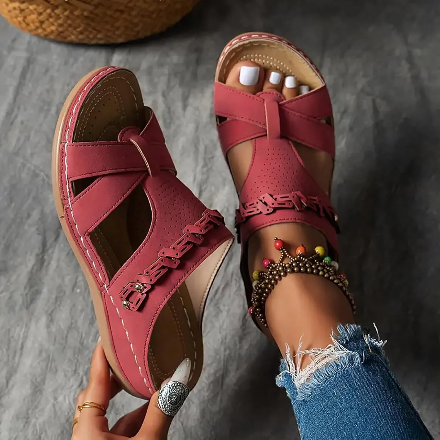 Platform Sandals Women Open Toe Comfort Yoga Mat Wedge Sandals Summer Trendy Thick Sole Slip on Platform Bohemian Shoes Dressy