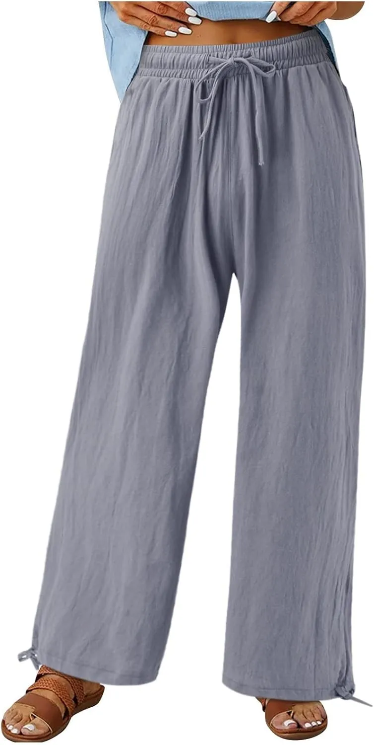 Plus Size Linen Pants for Women Casual High Waisted Wide Leg Palazzo Pants Summer Flowy Beach Trousers with Pockets