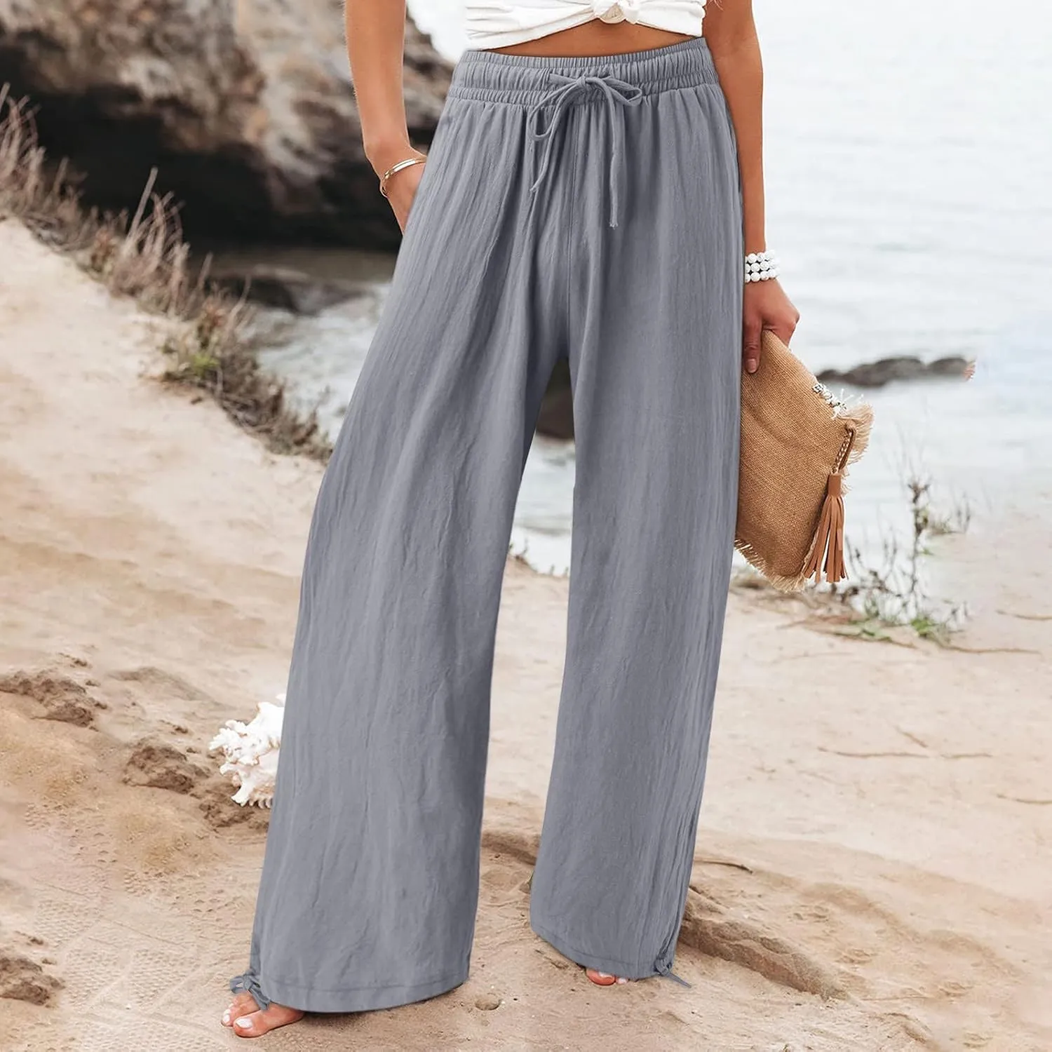 Plus Size Linen Pants for Women Casual High Waisted Wide Leg Palazzo Pants Summer Flowy Beach Trousers with Pockets