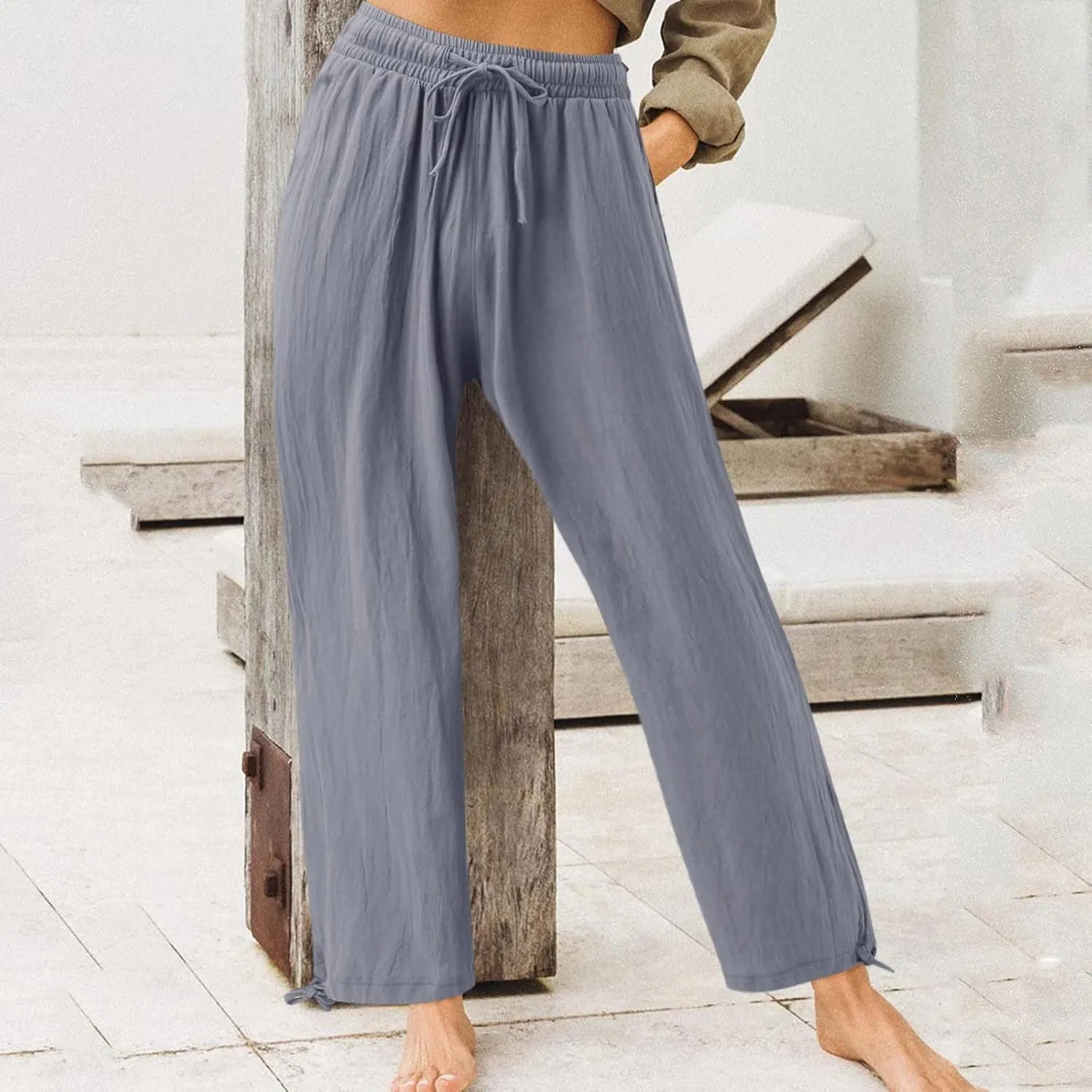 Plus Size Linen Pants for Women Casual High Waisted Wide Leg Palazzo Pants Summer Flowy Beach Trousers with Pockets