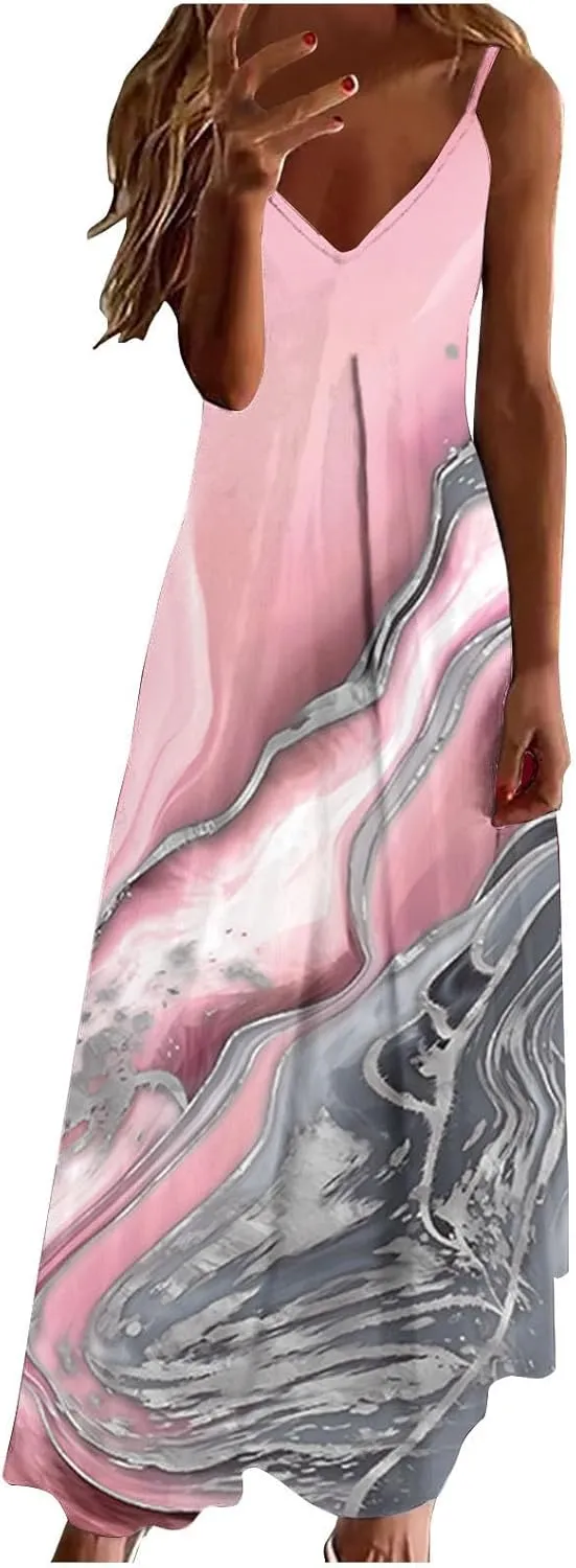 Prime Big Day Deals 2024 Women's Summer Spaghetti Strap Elegant Long Dresses Plus Size Vacation Flowy Beach Dress Loose Floor Length Dress Summer Dresses Pink 5X