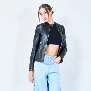 Quilted shoulder leather jacket wholesale