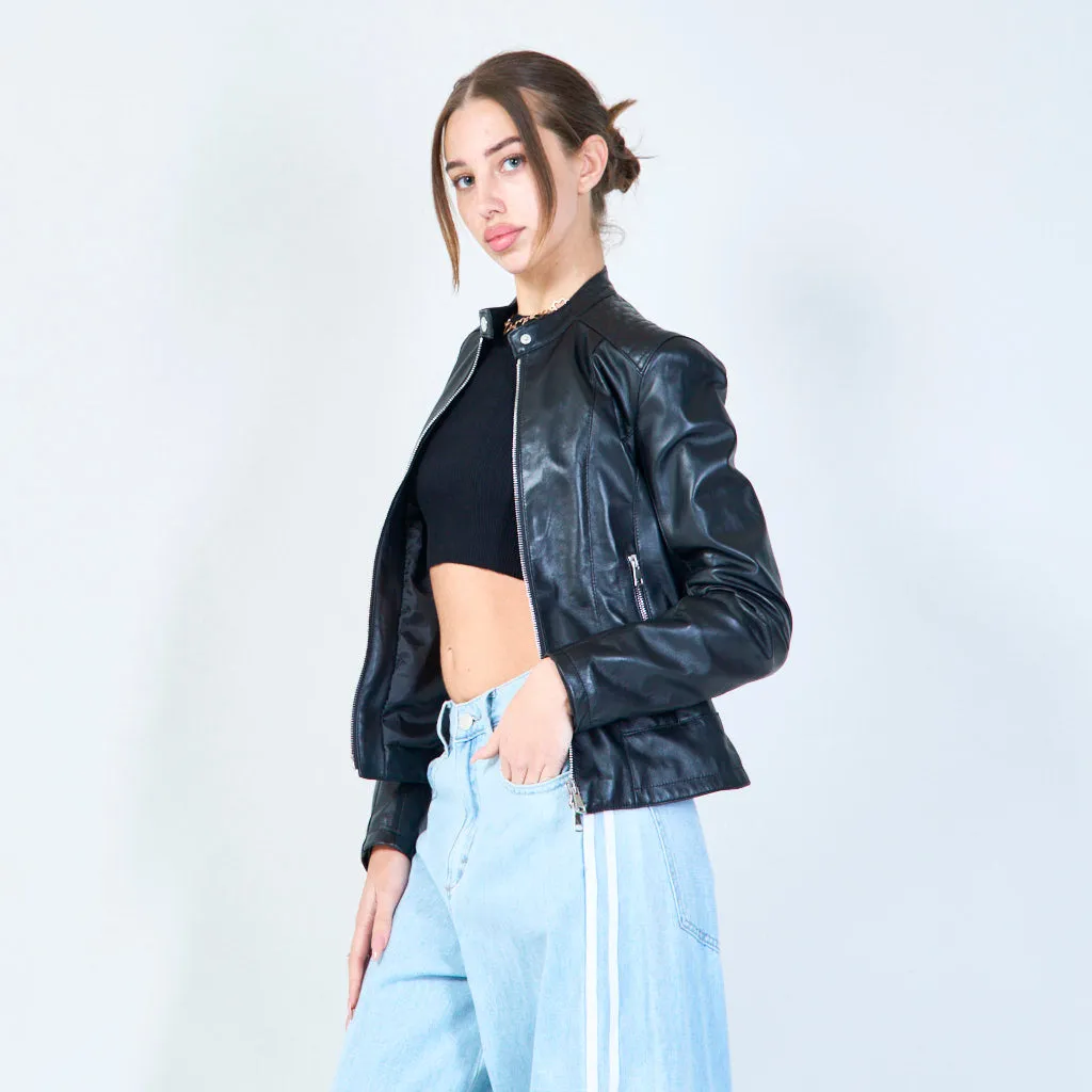Quilted shoulder leather jacket wholesale