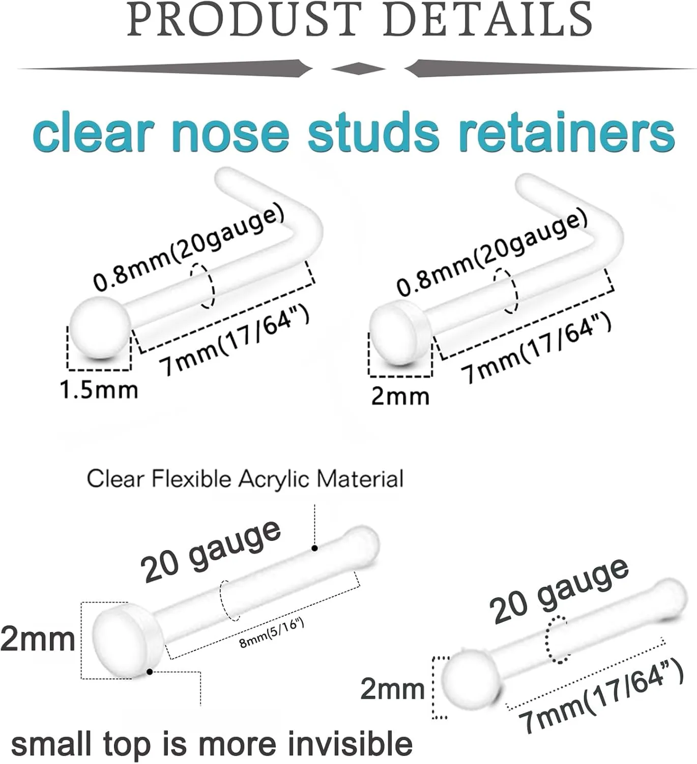 QWALIT Clear Nose Studs for Work Clear Nose Rings for Work Clear Nose Piercing Plastic Nose Rings for Surgery Invisible Nose Retainer Clear Cartilage Earring Clear Earrings for Sports Septum Retainer