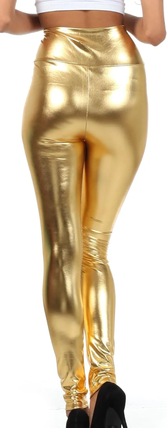 Sakkas Shiny Liquid Metallic High Waist Stretch Leggings - Made in USA