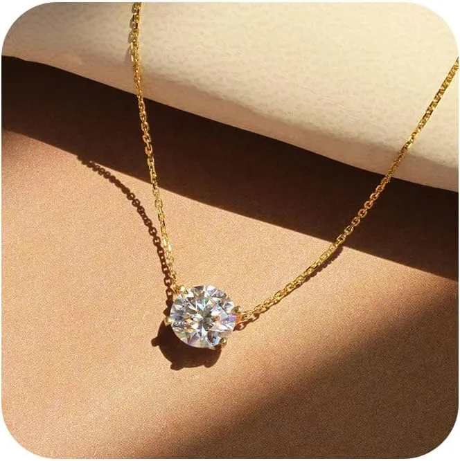 Sdouefos 14K Gold Plated 4 Prong CZ Solitaire Pendant Elegant Dainty Cubic Zirconia Halo Choker Necklaces for Women Brilliance Cubic Zirconia Tennis Pendant Necklace White