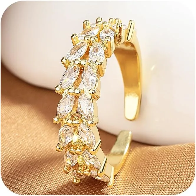 Sdouefos 18K Gold Plated Rings for Women 925 Sterling Silver Zirconia Wheat Adjustable Stackable Ring Shiny Cubic Zirconia Pear-Shaped Knuckle Ring Open Adjustable Statement Stacking Rings Gold