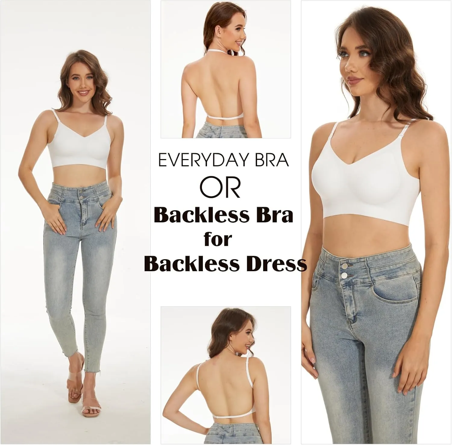 Seamless Low Back Bra,Convertible Multiway Backless Halter Bra with Removeable Padding Wirefree Bralette for Women