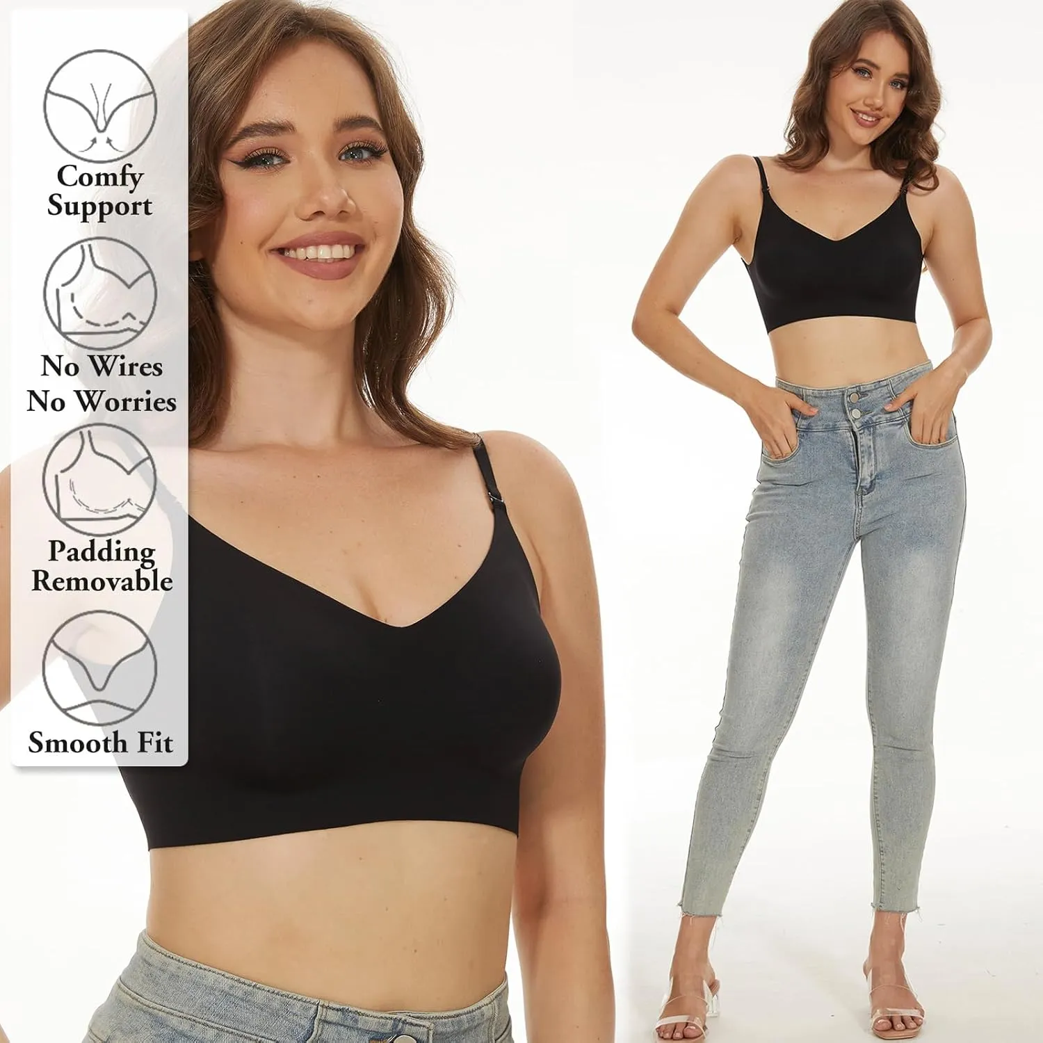 Seamless Low Back Bra,Convertible Multiway Backless Halter Bra with Removeable Padding Wirefree Bralette for Women