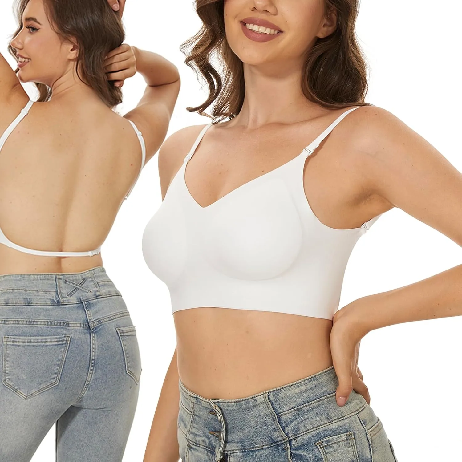 Seamless Low Back Bra,Convertible Multiway Backless Halter Bra with Removeable Padding Wirefree Bralette for Women