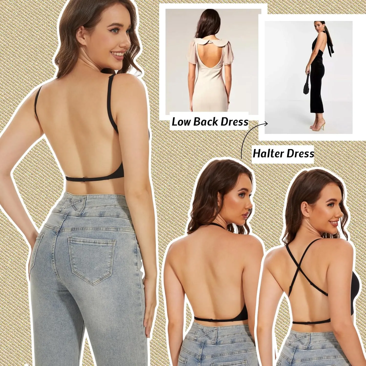 Seamless Low Back Bra,Convertible Multiway Backless Halter Bra with Removeable Padding Wirefree Bralette for Women