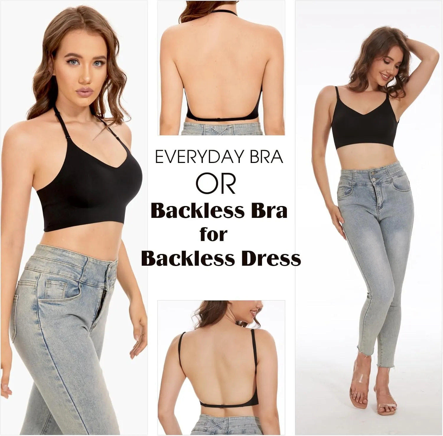Seamless Low Back Bra,Convertible Multiway Backless Halter Bra with Removeable Padding Wirefree Bralette for Women