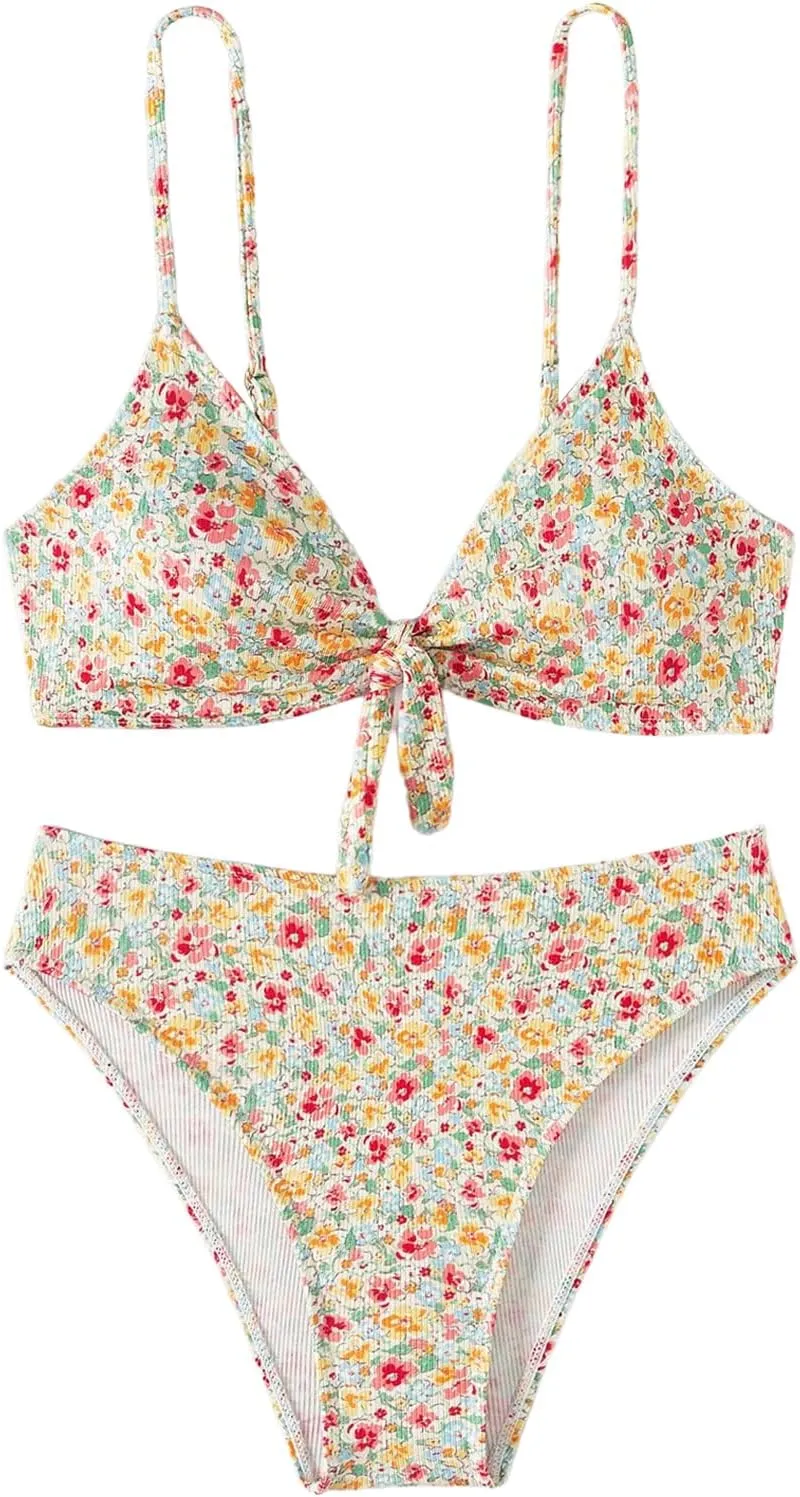 SHENHE Women's Floral Swimsuits 2 Piece Tie Knot Front Mid Waisted Scoop Neck Bikini Set