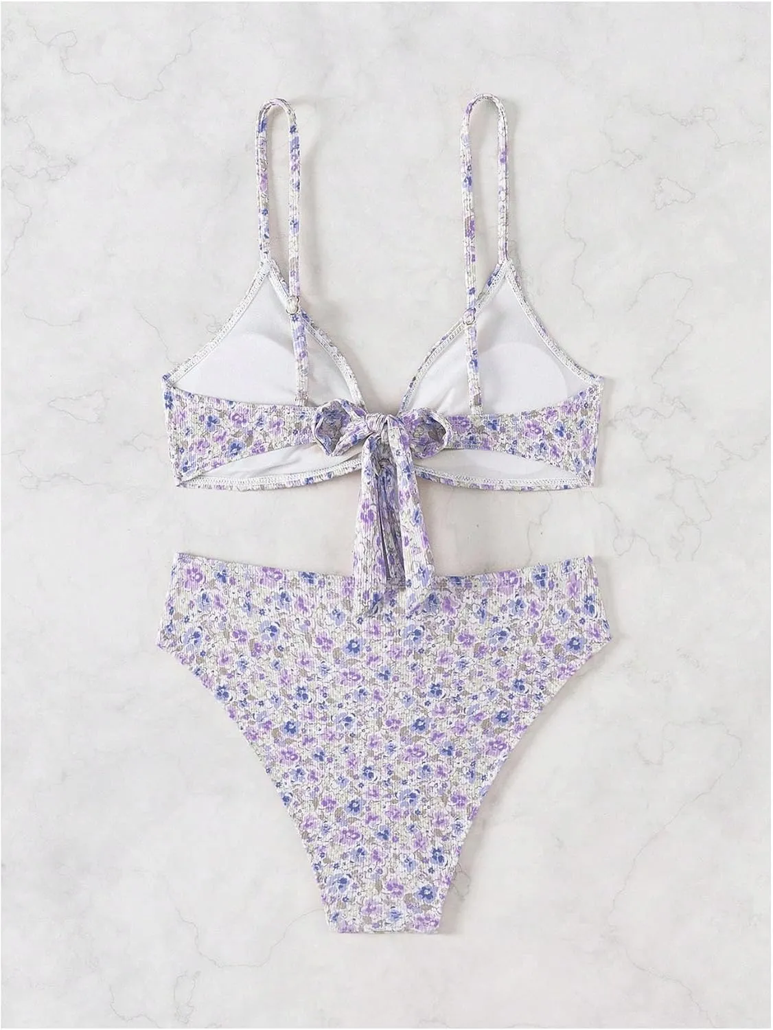 SHENHE Women's Floral Swimsuits 2 Piece Tie Knot Front Mid Waisted Scoop Neck Bikini Set