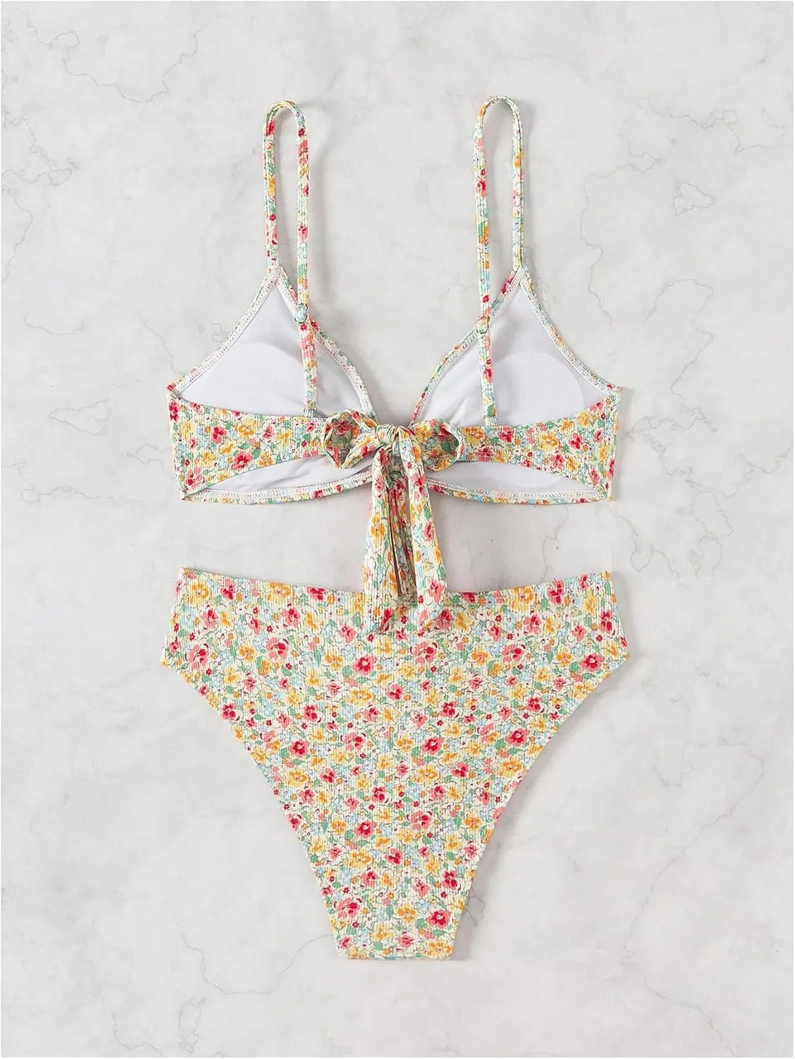 SHENHE Women's Floral Swimsuits 2 Piece Tie Knot Front Mid Waisted Scoop Neck Bikini Set