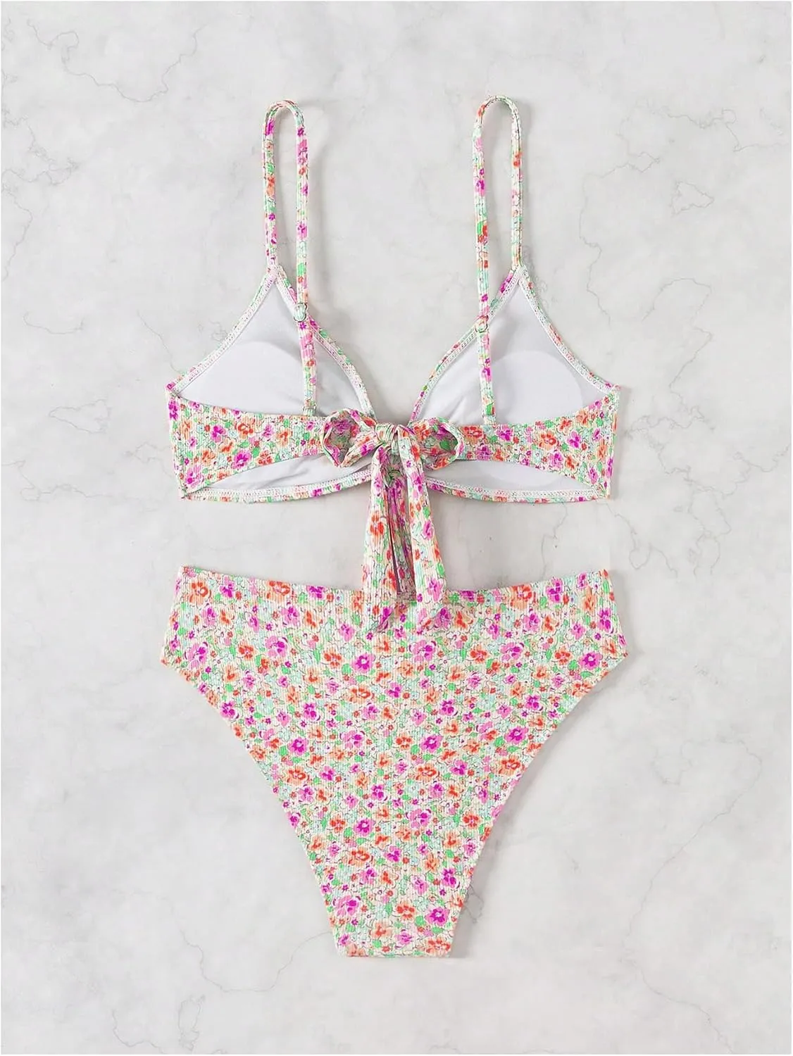 SHENHE Women's Floral Swimsuits 2 Piece Tie Knot Front Mid Waisted Scoop Neck Bikini Set