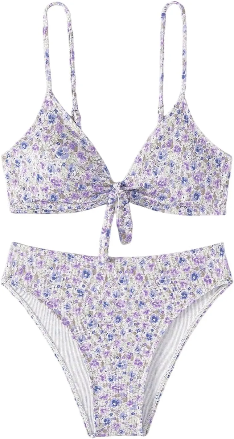 SHENHE Women's Floral Swimsuits 2 Piece Tie Knot Front Mid Waisted Scoop Neck Bikini Set