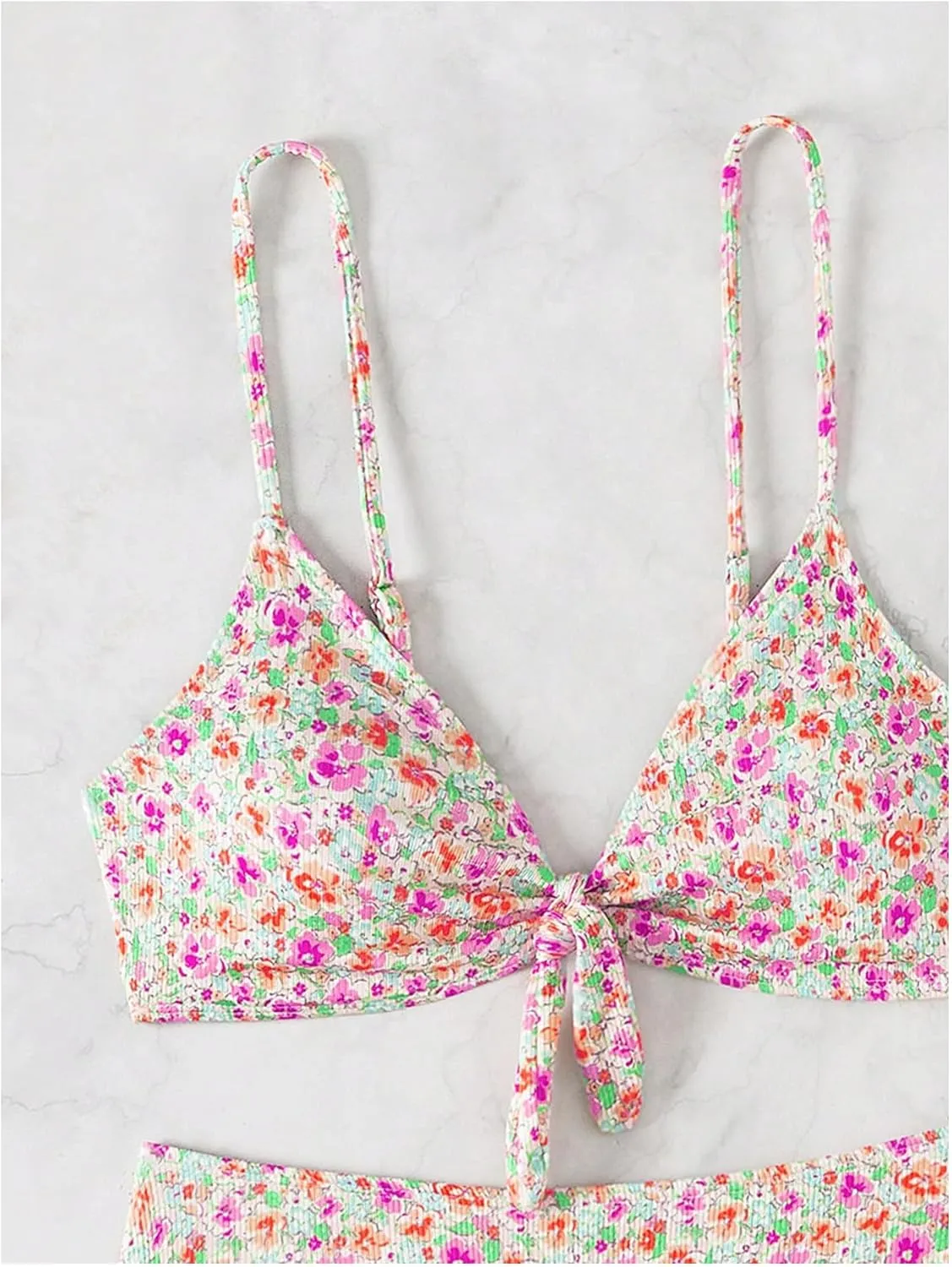 SHENHE Women's Floral Swimsuits 2 Piece Tie Knot Front Mid Waisted Scoop Neck Bikini Set