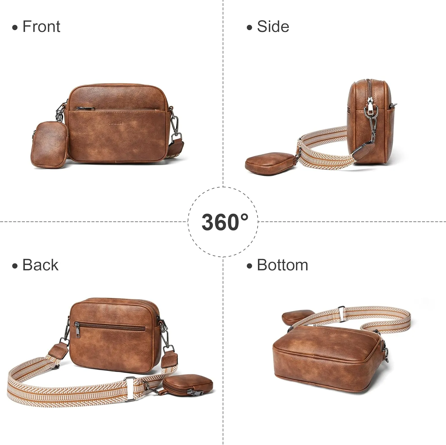 Shrrie Quilted Crossbody Bags for Women - Vegan Leather Crossbody Purses Triple Pocket Small Purses for Women Wide Strap