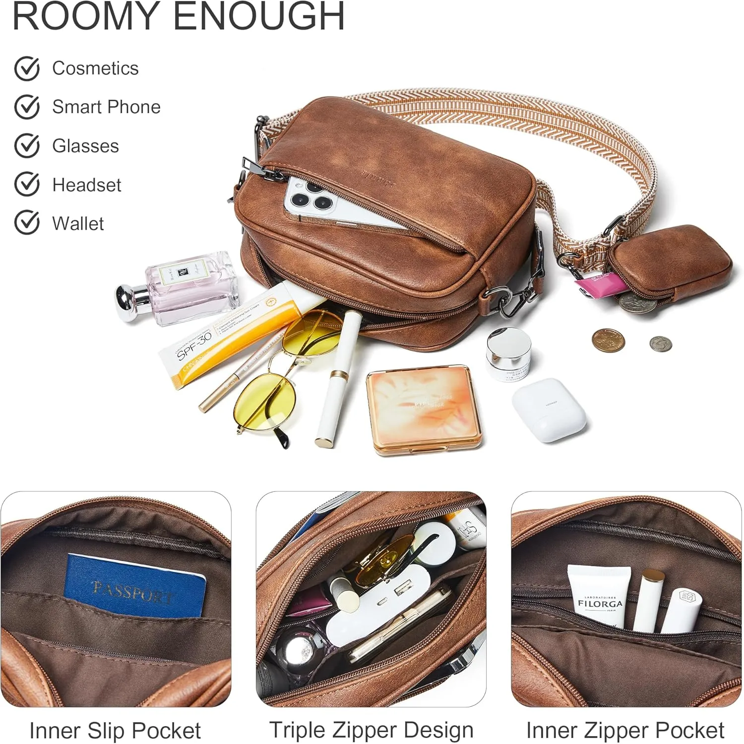 Shrrie Quilted Crossbody Bags for Women - Vegan Leather Crossbody Purses Triple Pocket Small Purses for Women Wide Strap