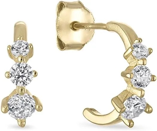 SKN Collections Vermeil Graduating Stone Stud Earrings  14K Gold Vermeil, Sterling Silver, Cubic Zirconia Curve Studs for Ear Stack & Everyday Wear  Hypoallergenic, Durable, Lightweight  Single Pair