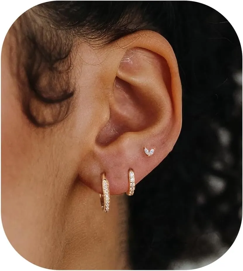Small Gold Earrings Set 14K Gold Plated Dainty Stud Huggie Hoop Earrings for Multiple Piercing Hypoallergenic Small Hoop Dangle Earrings Sets for Women