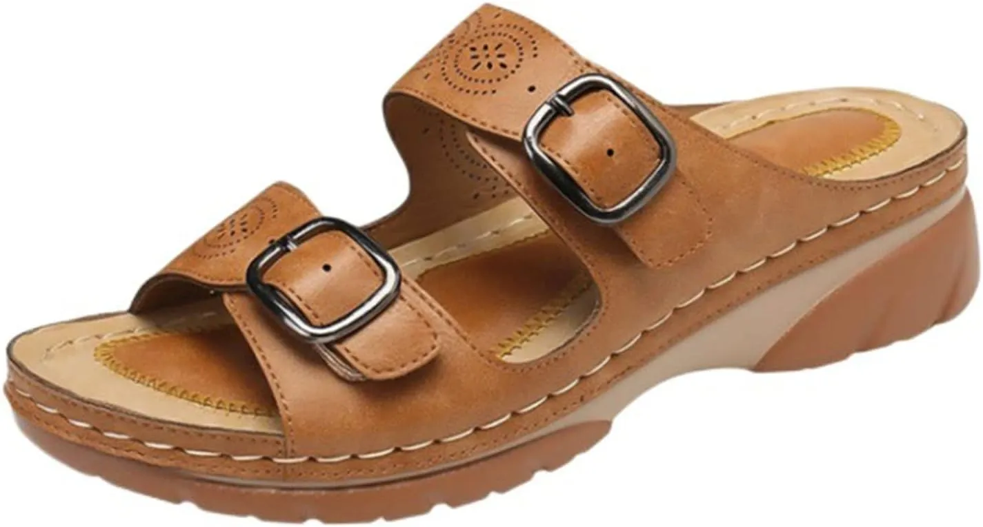 Smoneyful Women's Faux Leather Sandals Arch Support Summer Breathable Adjustable Slip On Orthopedic Diabetic Wedge Casual Anti Slip Open Toe Dressy Flat Walking Beach Sandals