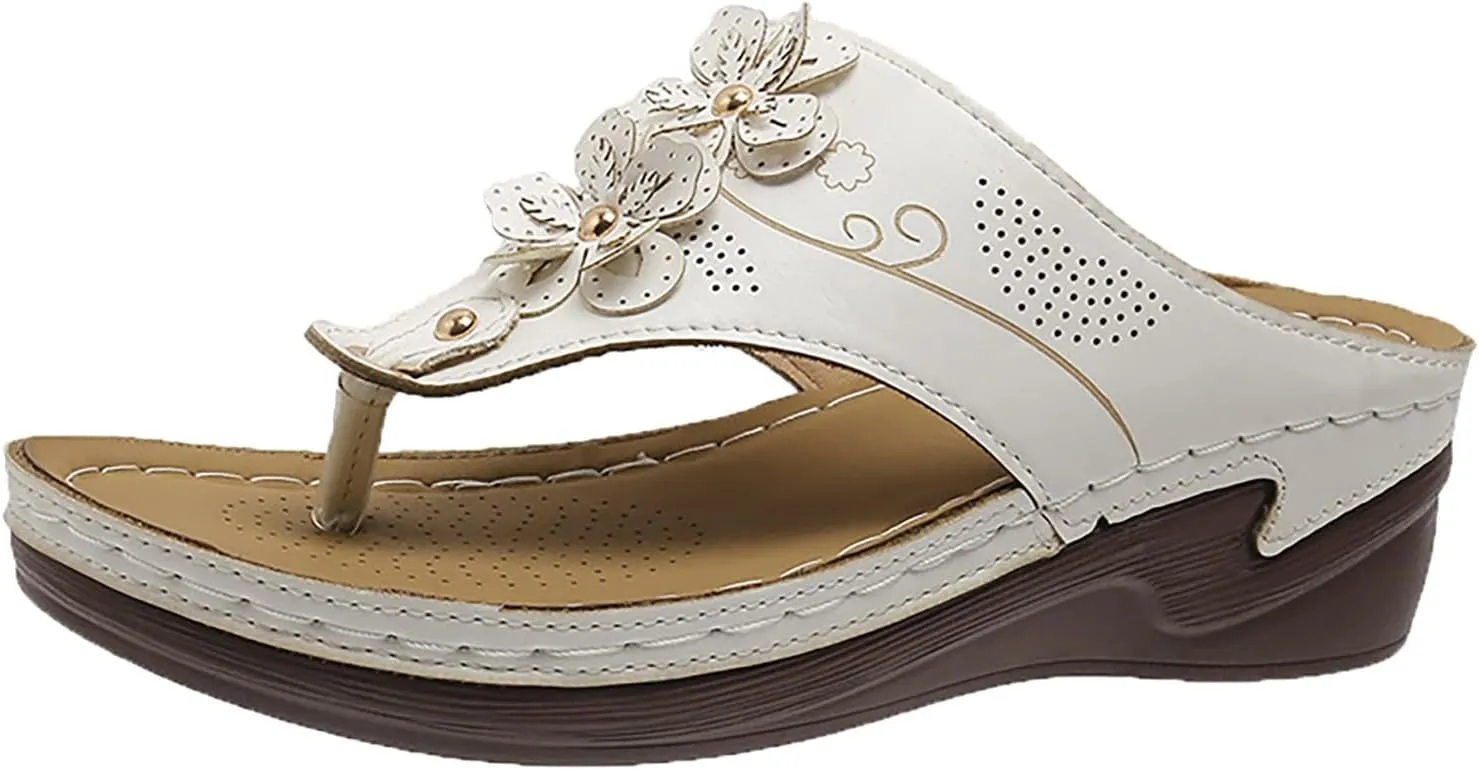 Smoneyful Womens Summer Orthopedic Sandals Arch Support Dressy Beach Wedges Casual Flip Flops Travel Comfort Anti Slip Breathable Orthotic Slip Trendy Walking Sandals