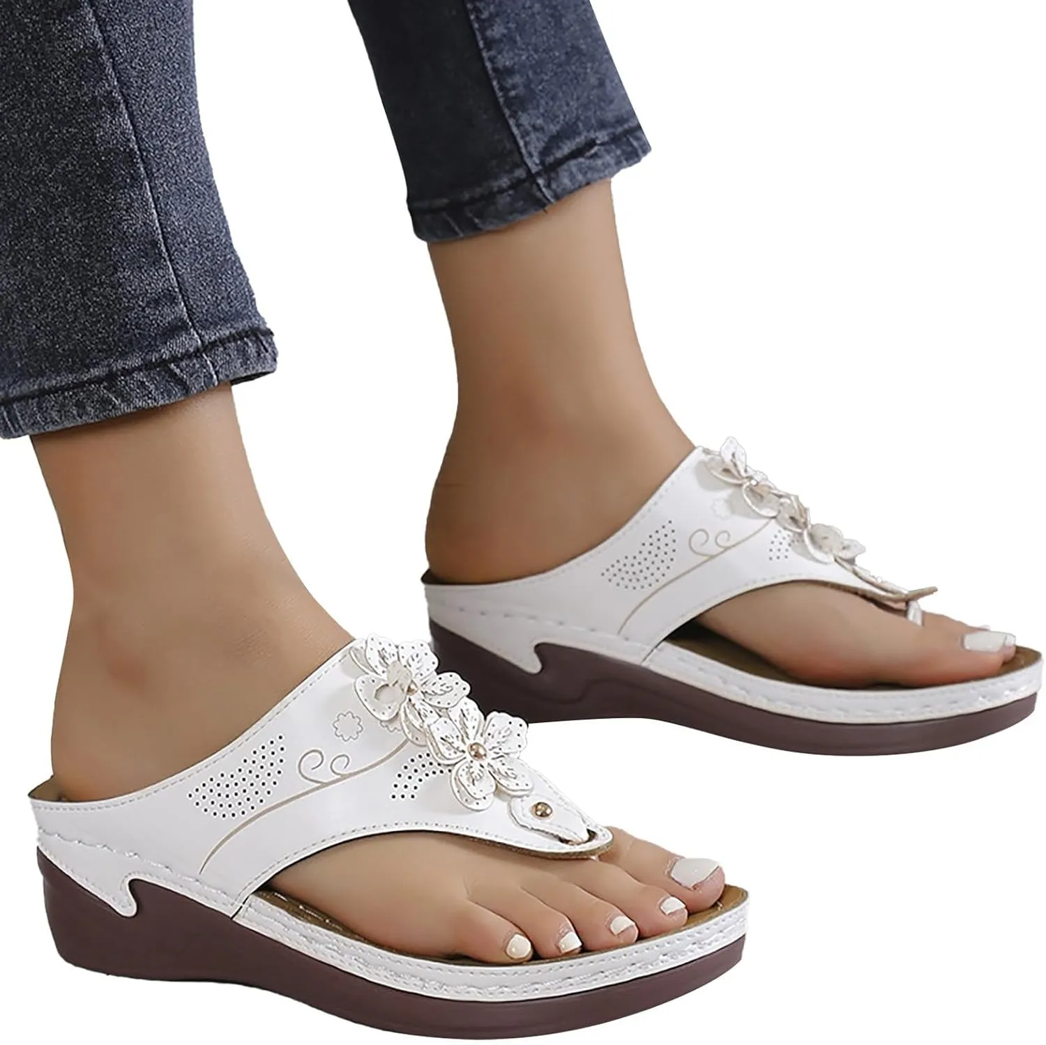 Smoneyful Womens Summer Orthopedic Sandals Arch Support Dressy Beach Wedges Casual Flip Flops Travel Comfort Anti Slip Breathable Orthotic Slip Trendy Walking Sandals