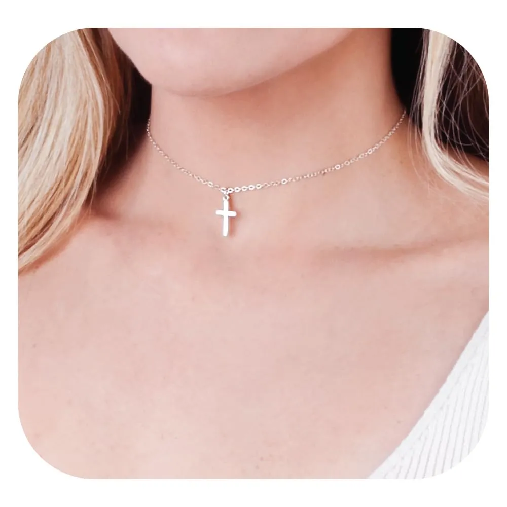 Sterling Silver Cross Choker, Cross Necklace for Women, Cross Pendant Necklaces, Length 13.5-16.5 Inches, Christian Jewelry, Faith Gift, Small Cross (Silver Choker 13.5" 3" extender)